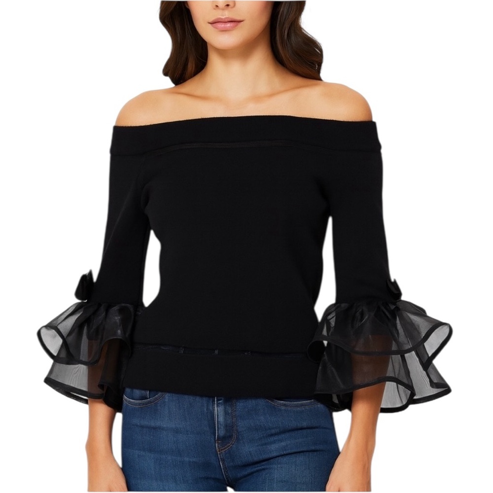 Black Tulle Bow Sleeve Sleeve Sweater - Picture 1 of 6